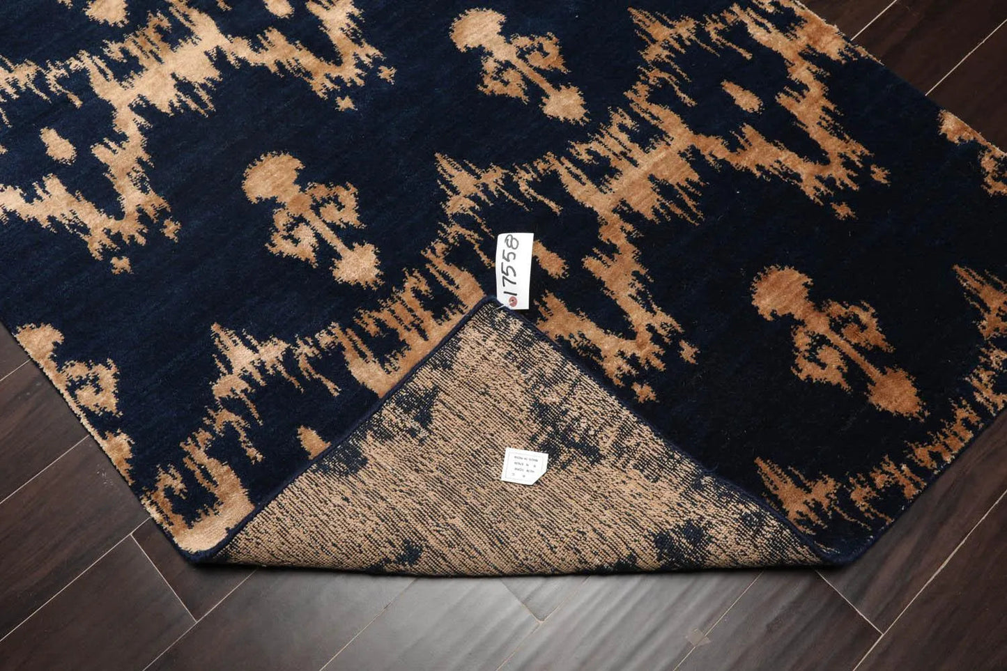 4'1''x6' Hand Knotted Tibetan Wool and Bamboo Silk Tibetan Traditional Oriental Area Rug Navy, Beige Color-4