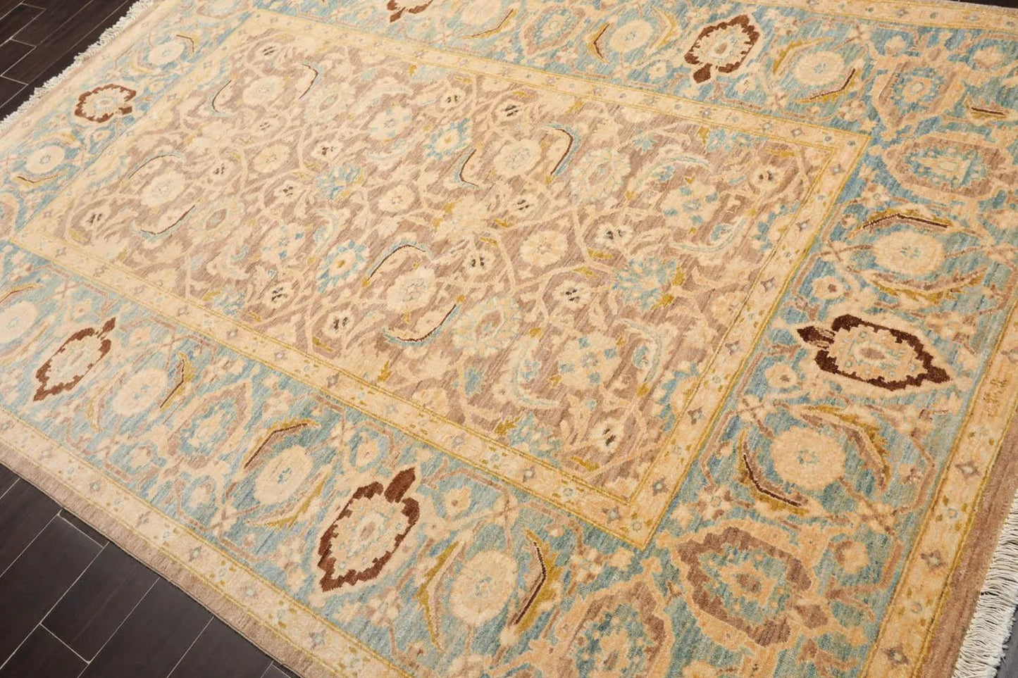 6'x8'9'' Hand Knotted 100% Wool Peshawar Traditional Oriental Area Rug Taupe, Aqua Color-3