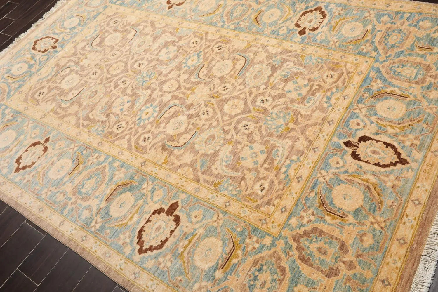 6'x8'9'' Hand Knotted 100% Wool Peshawar Traditional Oriental Area Rug Taupe, Aqua Color-3
