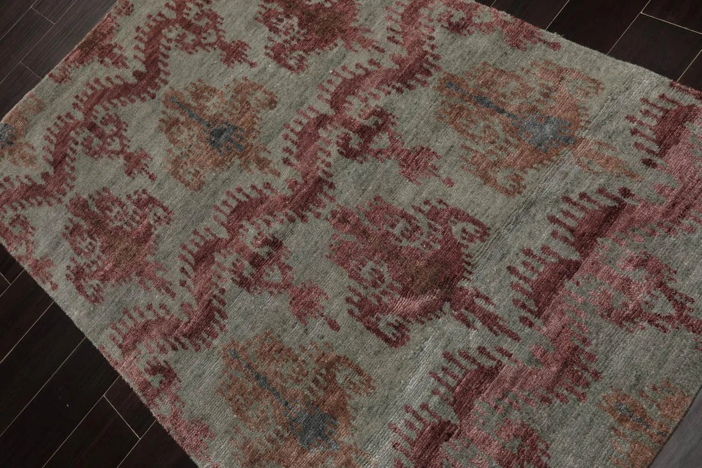 3'9''x5'9'' Hand Knotted Tibetan Wool and Bamboo Tibetan Traditional Oriental Area Rug Gray, Aubergine Color-3