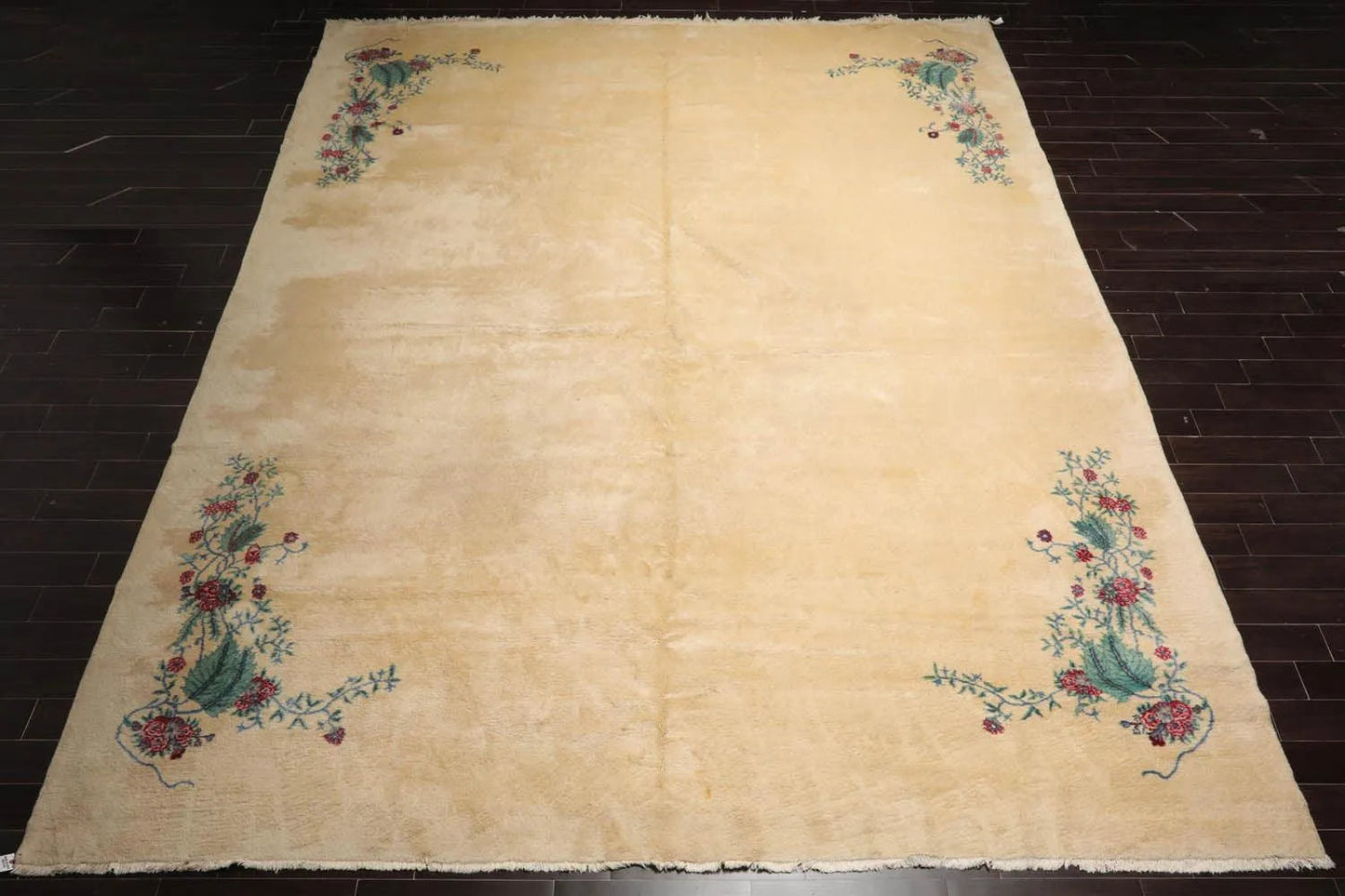 13'4''x16'2'' Hand Knotted 100% Wool Art Deco Traditional Oriental Area Rug Ivory, Turquoise Color-3