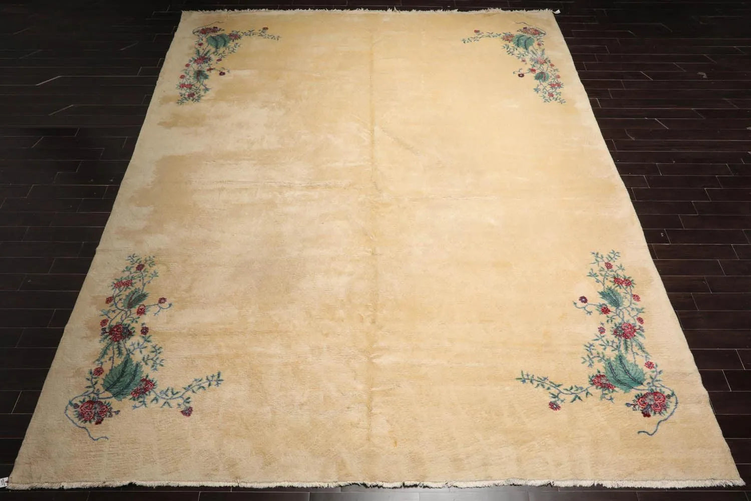 13'4''x16'2'' Hand Knotted 100% Wool Art Deco Traditional Oriental Area Rug Ivory, Turquoise Color-3