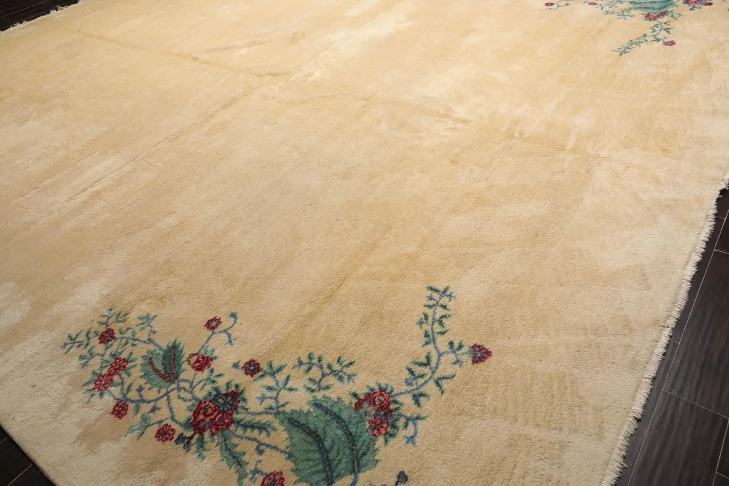 13'4''x16'2'' Hand Knotted 100% Wool Art Deco Traditional Oriental Area Rug Ivory, Turquoise Color-4