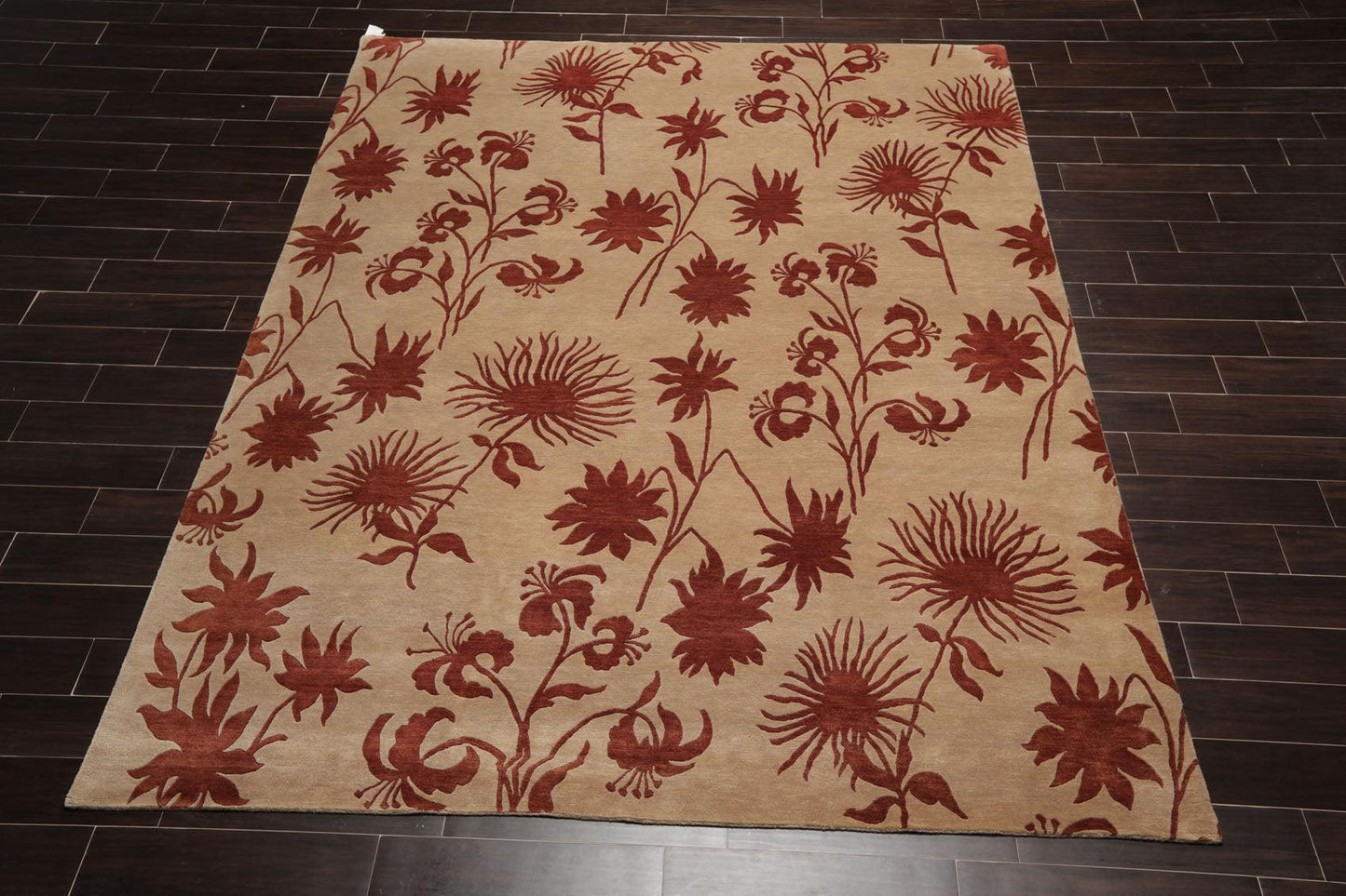 7'10" x 9'9" Hand Knotted Tibetan Wool Botanical Oriental Area Rug Tan-1
