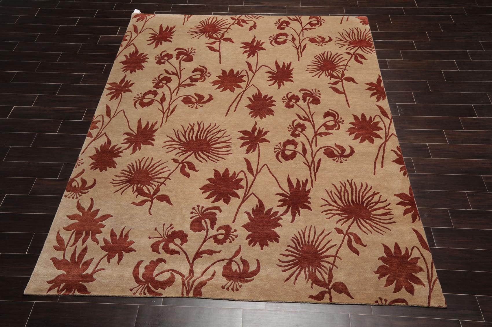 7'10" x 9'9" Hand Knotted Tibetan Wool Botanical Oriental Area Rug Tan-1