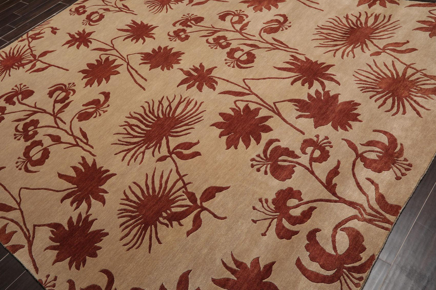 7'10" x 9'9" Hand Knotted Tibetan Wool Botanical Oriental Area Rug Tan-2