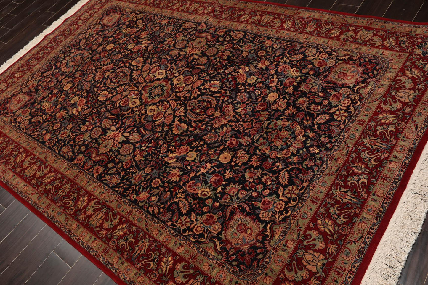 5'11" x 9' Hand Knotted Wool 300 KPSI Sarouk Oriental Area Rug Midnight Blue-4