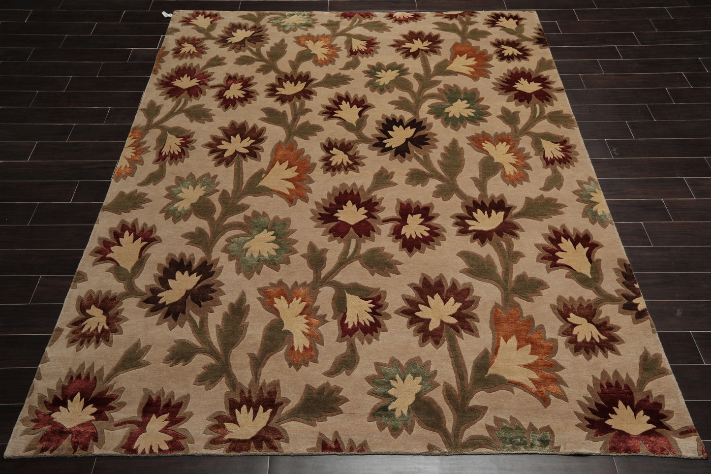 7'11"x9'9" Hand Knotted Floral Wool & Silk Tibetan Oriental Area Rug Beige-1