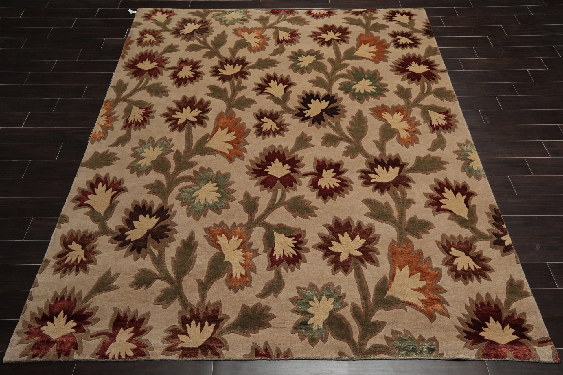 7'11"x9'9" Hand Knotted Floral Wool & Silk Tibetan Oriental Area Rug Beige-1