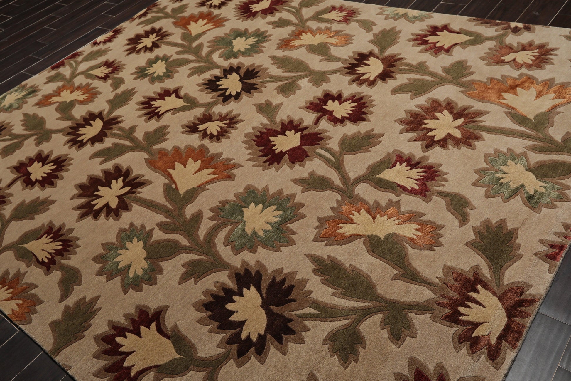 7'11"x9'9" Hand Knotted Floral Wool & Silk Tibetan Oriental Area Rug Beige-2