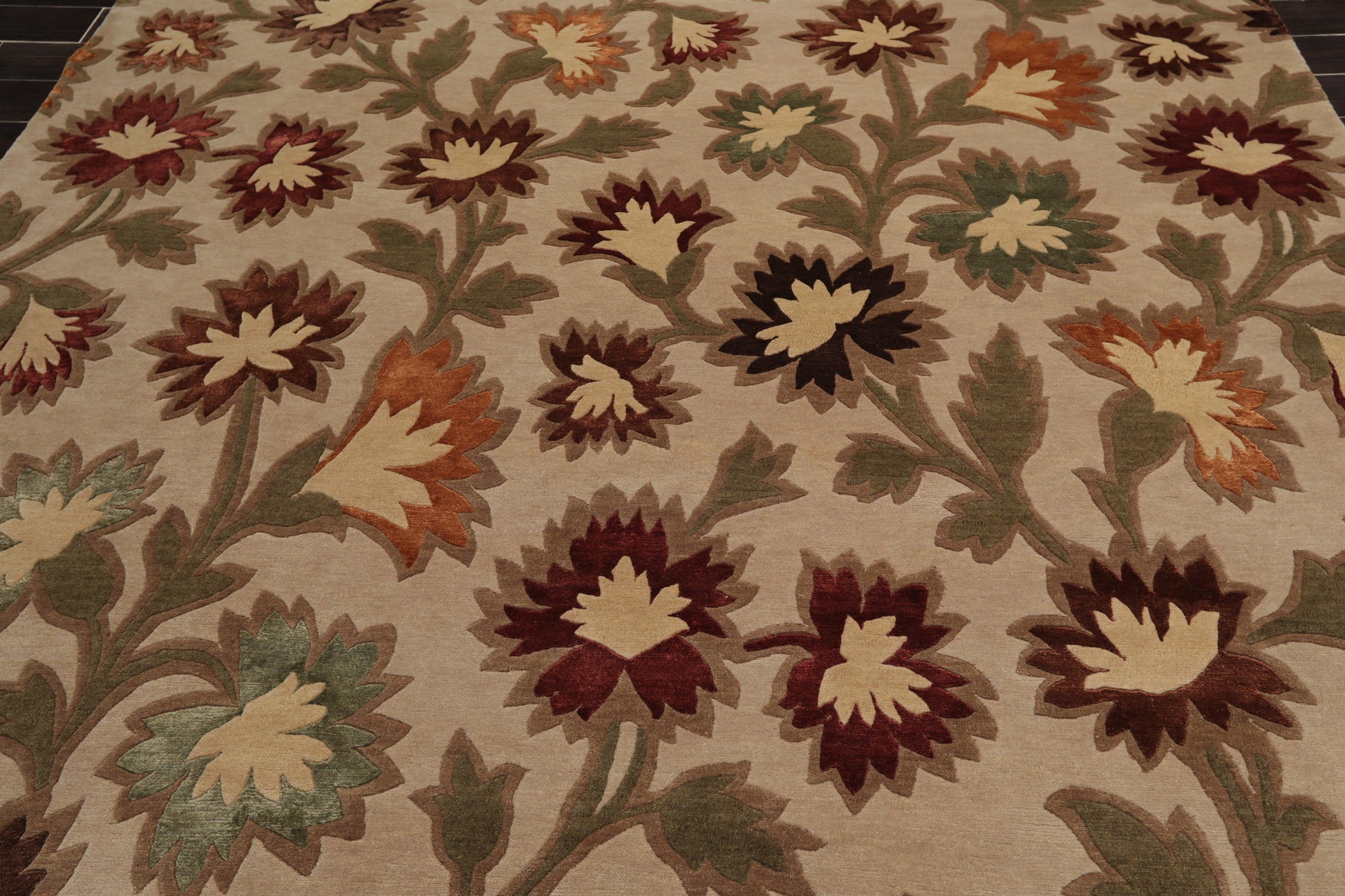 7'11"x9'9" Hand Knotted Floral Wool & Silk Tibetan Oriental Area Rug Beige-3