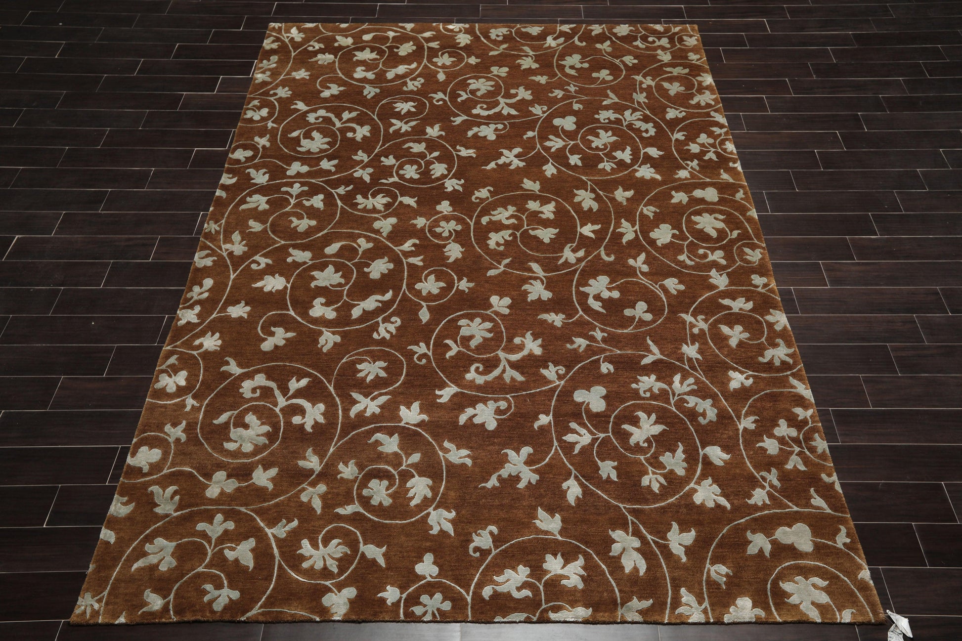 8'1" x 10'10" Hand Knotted Wool & Silk Bold floral Tibetan Area Rug Brown-1