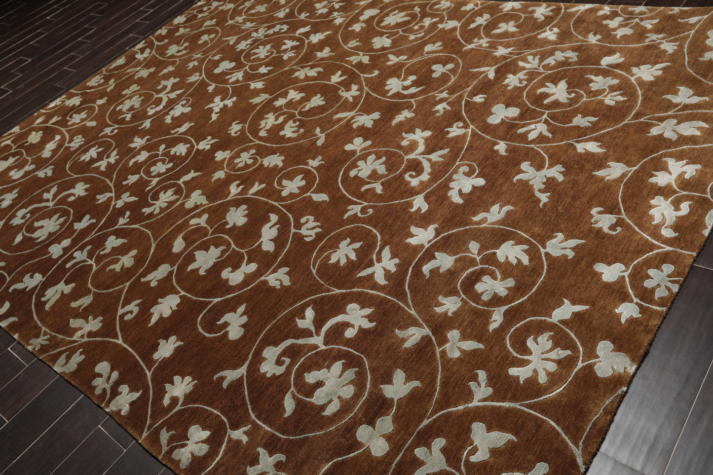 8'1" x 10'10" Hand Knotted Wool & Silk Bold floral Tibetan Area Rug Brown-2