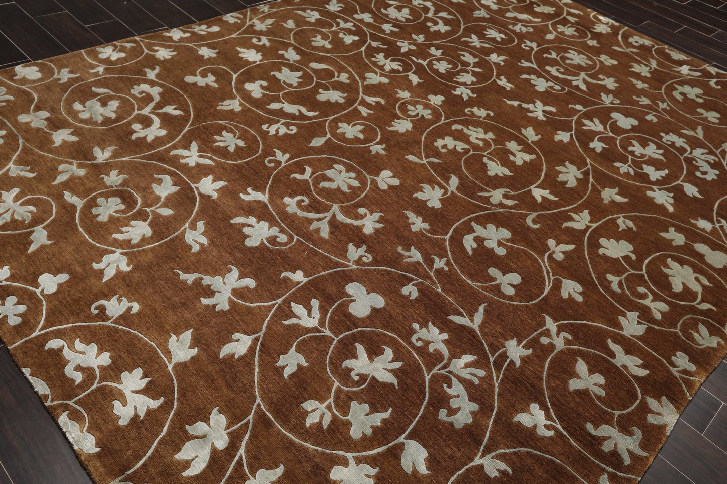 8'1" x 10'10" Hand Knotted Wool & Silk Bold floral Tibetan Area Rug Brown-3