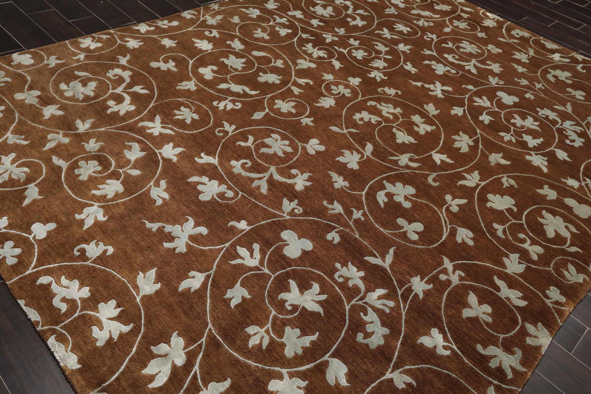 8'1" x 10'10" Hand Knotted Wool & Silk Bold floral Tibetan Area Rug Brown-3