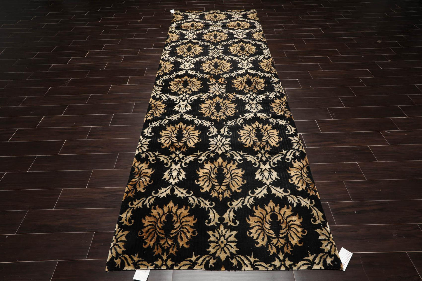 Runner Hand Knotted Wool & Silk Damask Tibetan Area Rug Black Gold 3'11" x 11'9"-1