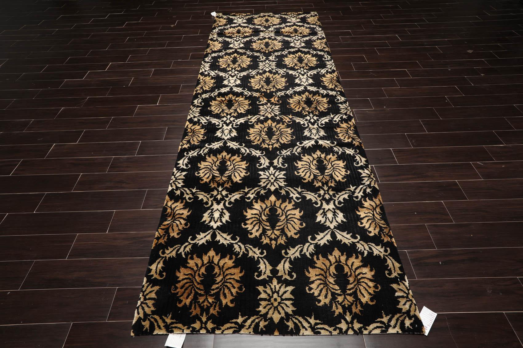 Runner Hand Knotted Wool & Silk Damask Tibetan Area Rug Black Gold 3'11" x 11'9"-1
