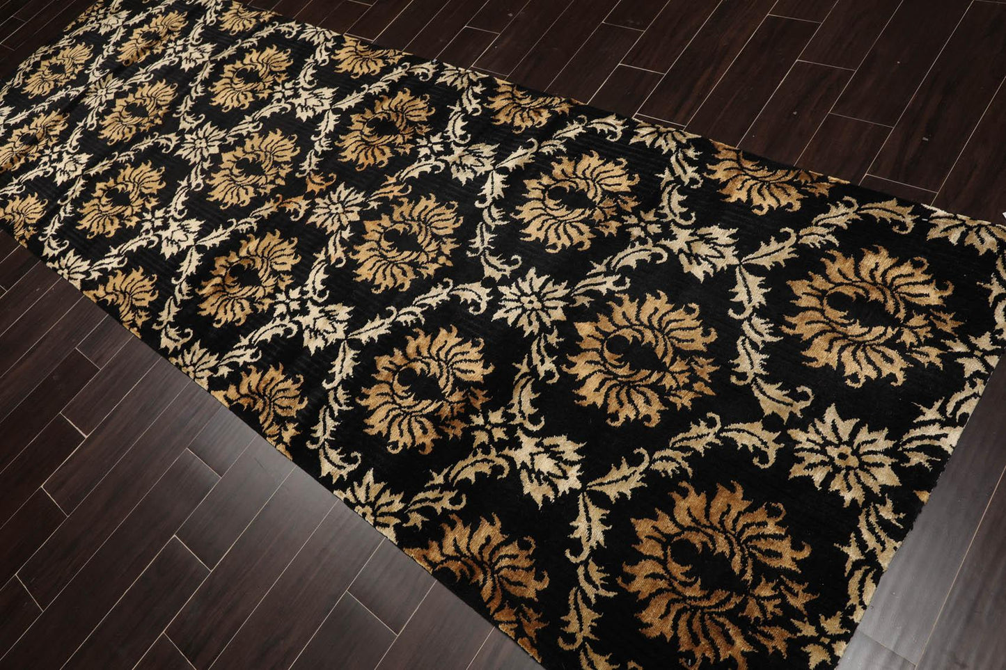 Runner Hand Knotted Wool & Silk Damask Tibetan Area Rug Black Gold 3'11" x 11'9"-2