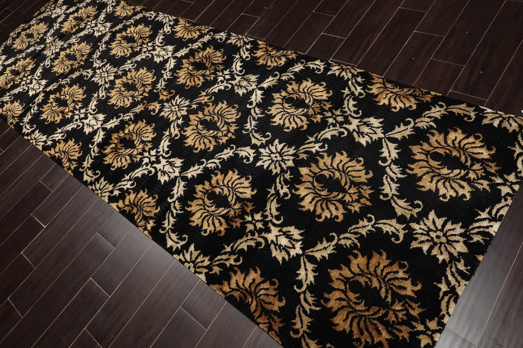 Runner Hand Knotted Wool & Silk Damask Tibetan Area Rug Black Gold 3'11" x 11'9"-2