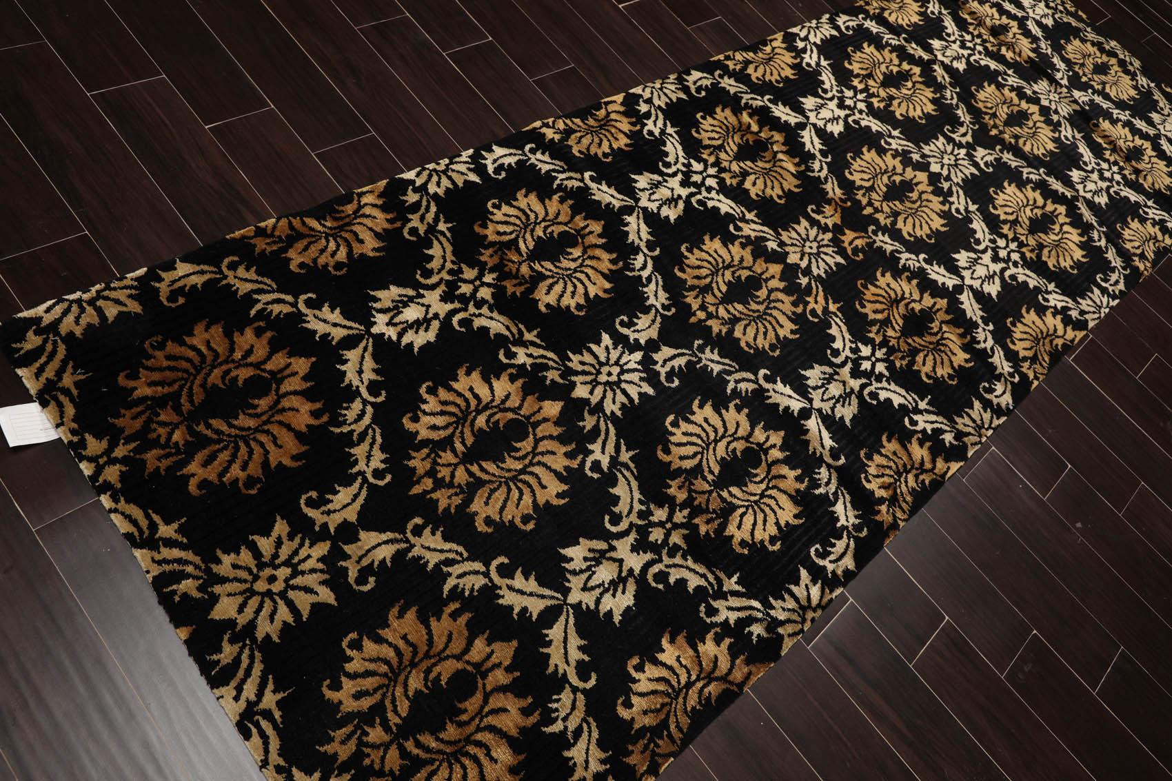 Runner Hand Knotted Wool & Silk Damask Tibetan Area Rug Black Gold 3'11" x 11'9"-3