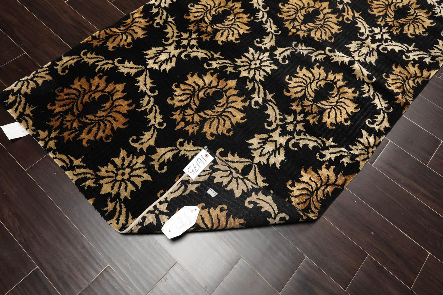 Runner Hand Knotted Wool & Silk Damask Tibetan Area Rug Black Gold 3'11" x 11'9"-4