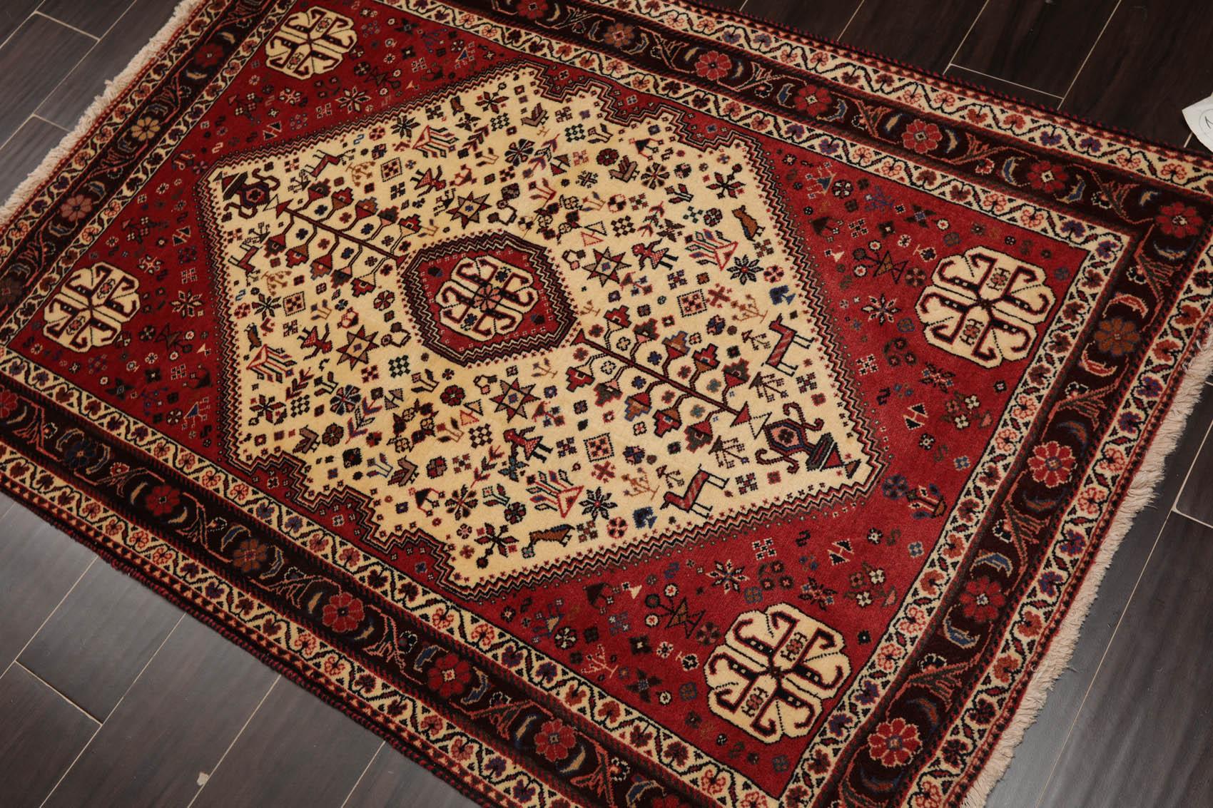 Ivory Red 3'4" x 4'9" Hand Knotted Wool Abadeh Traditional Oriental Area Rug-2