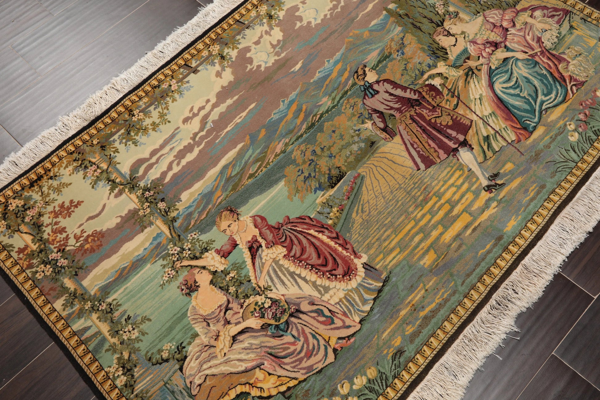 3' 2''x4' 10'' Hand Knotted 100% Wool French Tapestry Pictorial 300 kpsi Oriental Area Rug Beige, Black Color-2