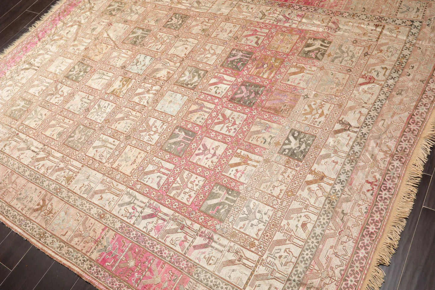 6x9 Beige, Tan Hand Knotted Persian 100% Silk Traditional Pictorial Authentic Soumak Oriental Area Rug-3