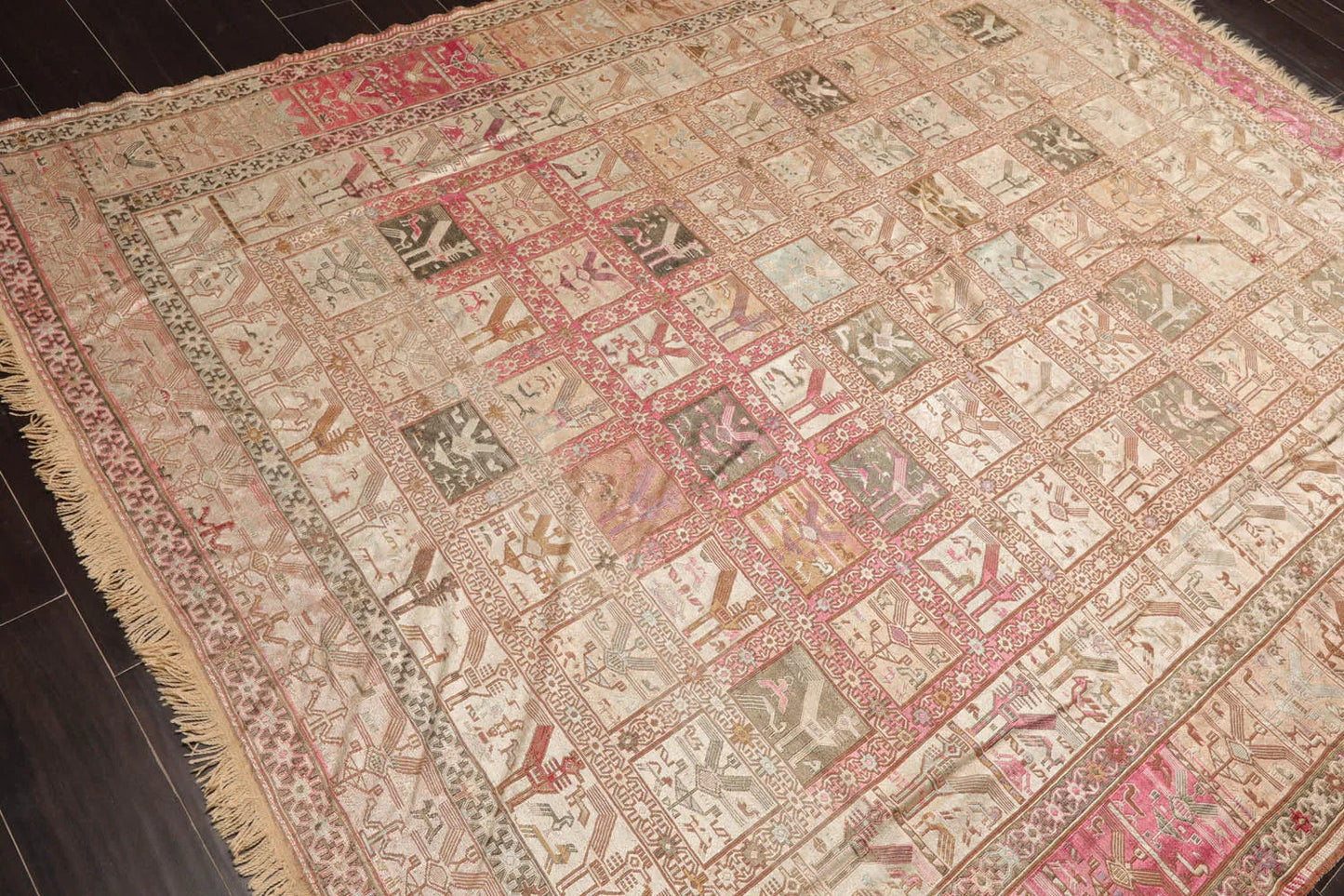 6x9 Beige, Tan Hand Knotted Persian 100% Silk Traditional Pictorial Authentic Soumak Oriental Area Rug-4