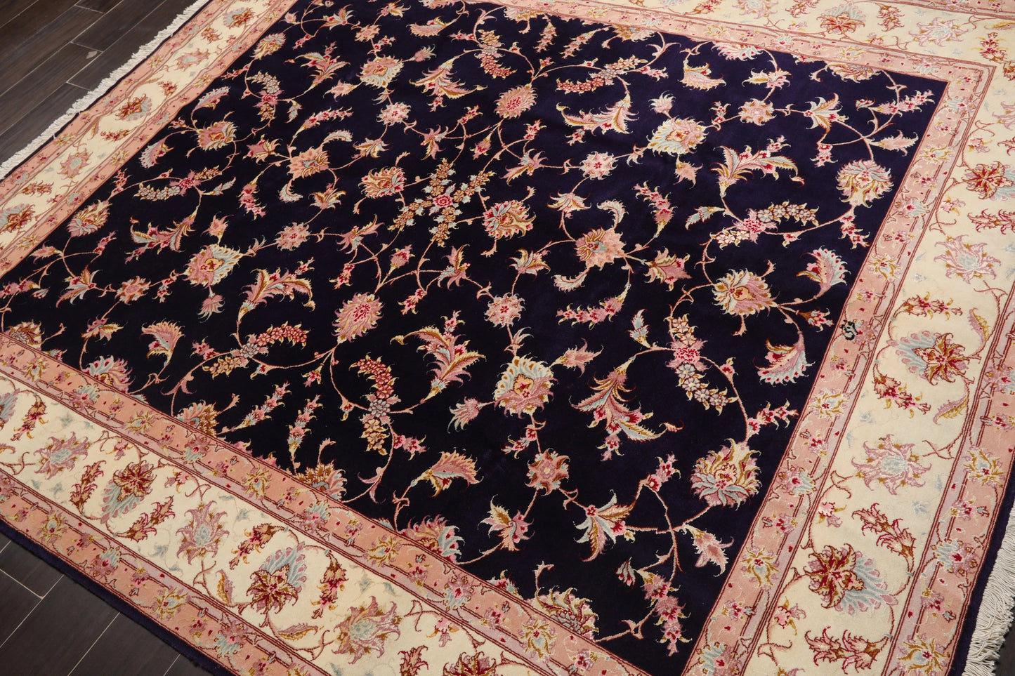 5x7 Hand Knotted Persian Wool and Silk Tabriz 300 KPSI Traditional Oriental Area Rug Blue,Ivory Color-3