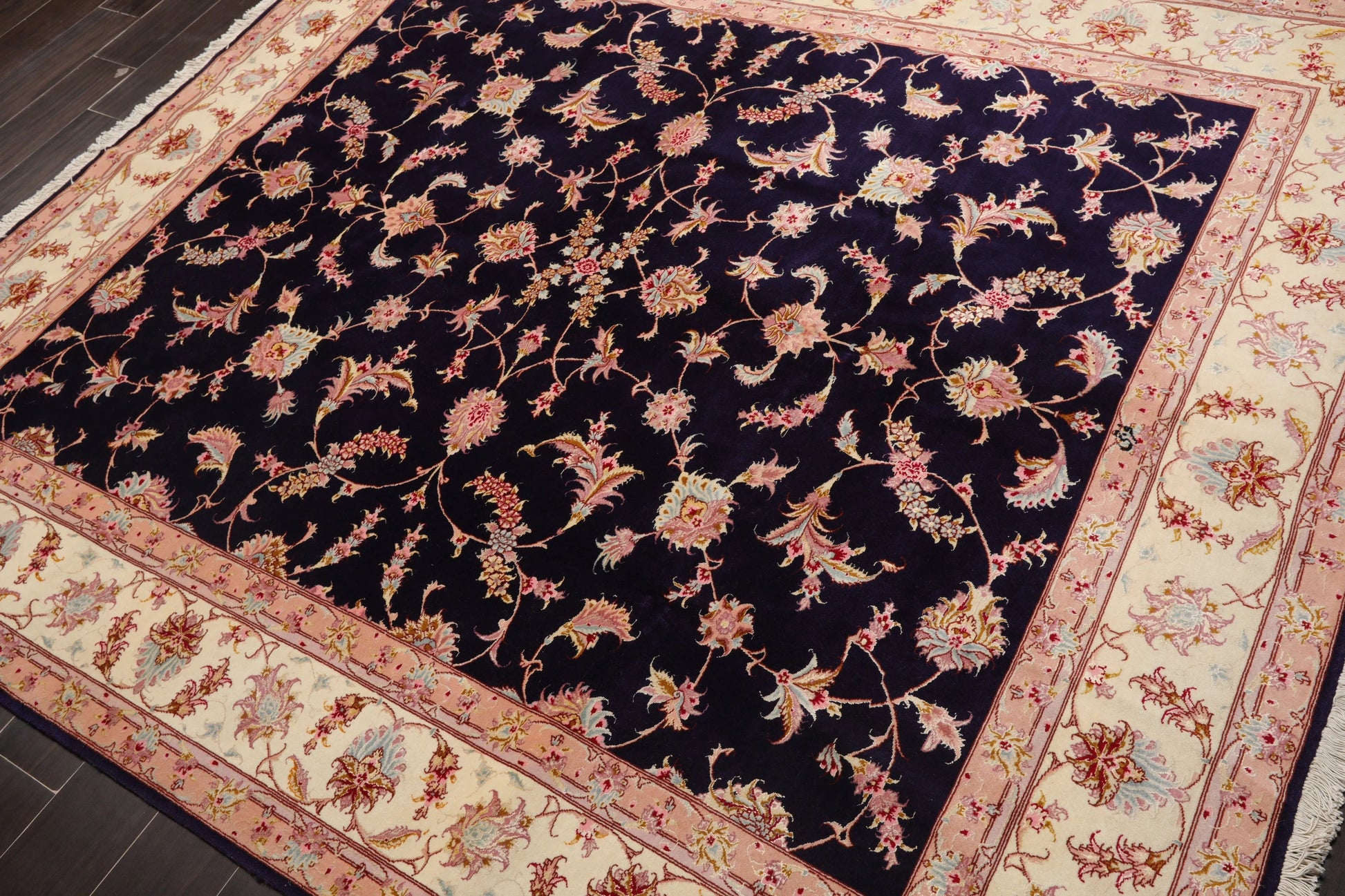 5x7 Hand Knotted Persian Wool and Silk Tabriz 300 KPSI Traditional Oriental Area Rug Blue,Ivory Color-3