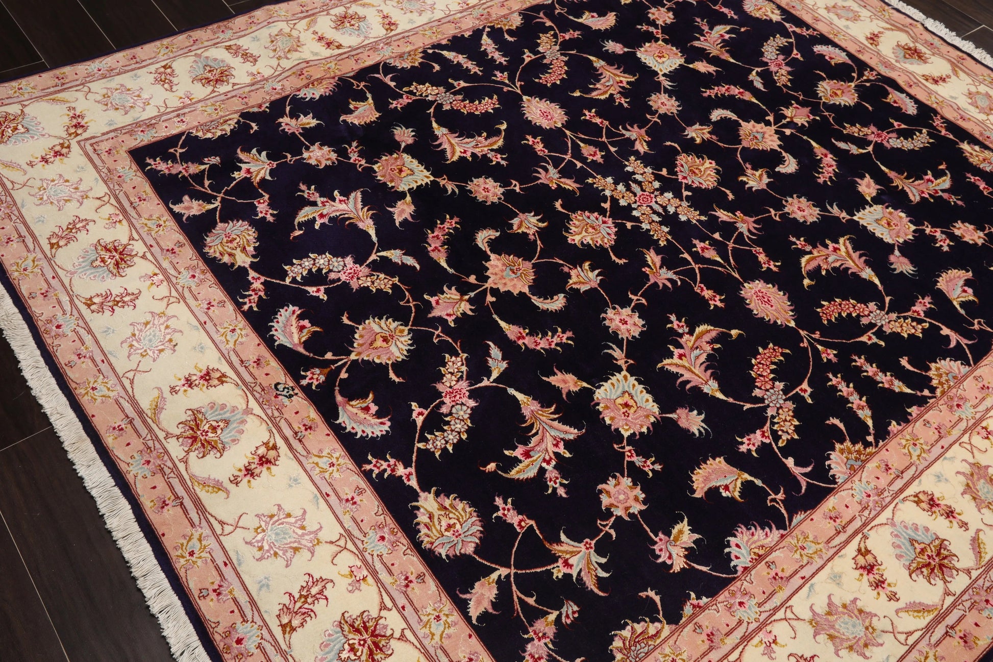 5x7 Hand Knotted Persian Wool and Silk Tabriz 300 KPSI Traditional Oriental Area Rug Blue,Ivory Color-4