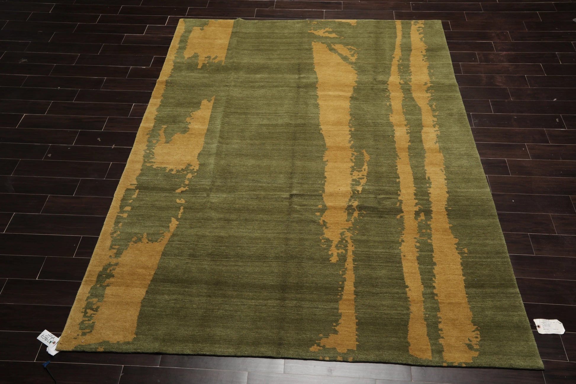 7'8''x9'9'' Hand Knotted Tibetan 100% Wool Michaelian & Kohlberg Modern & Contemporary Oriental Area Rug Green, Muted Gold Color-2