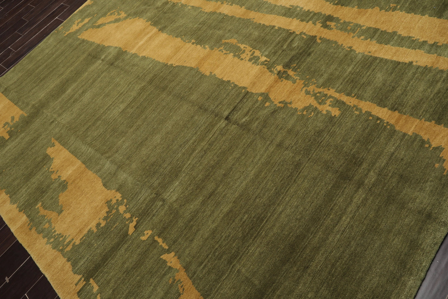7'8''x9'9'' Hand Knotted Tibetan 100% Wool Michaelian & Kohlberg Modern & Contemporary Oriental Area Rug Green, Muted Gold Color-3