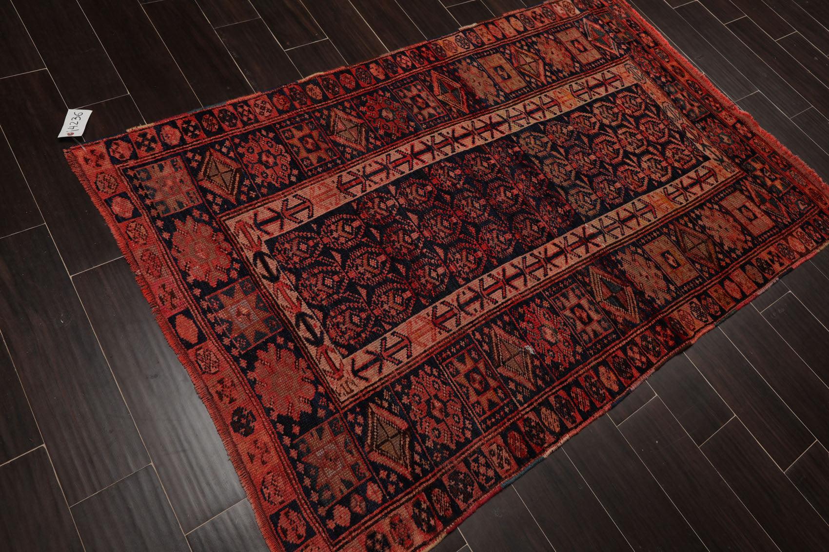 4' x 6'4" Antique Hand Knotted Flat Wool pile Melayaar Traditional Area Rug Navy-3