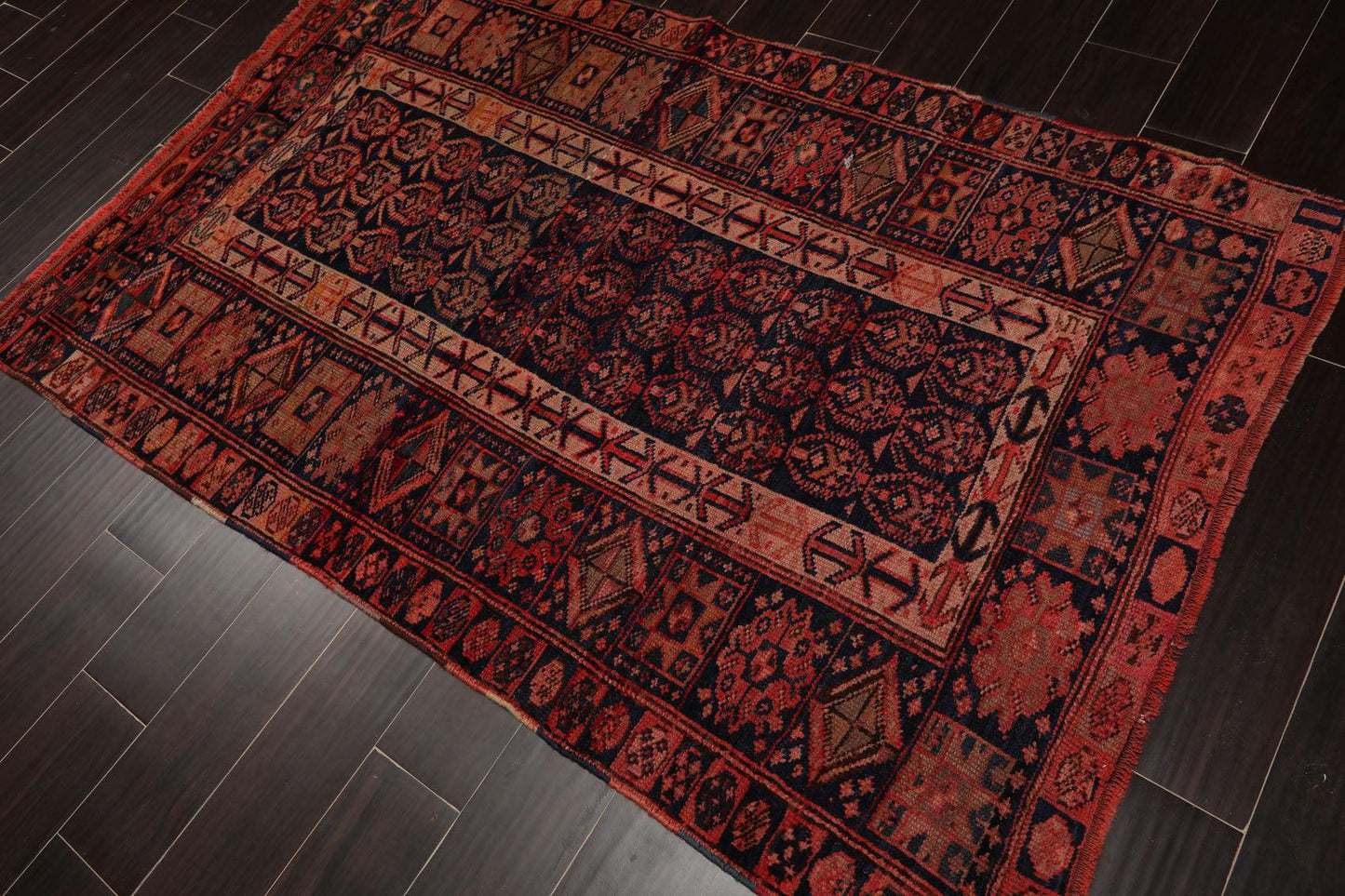 4' x 6'4" Antique Hand Knotted Flat Wool pile Melayaar Traditional Area Rug Navy-4