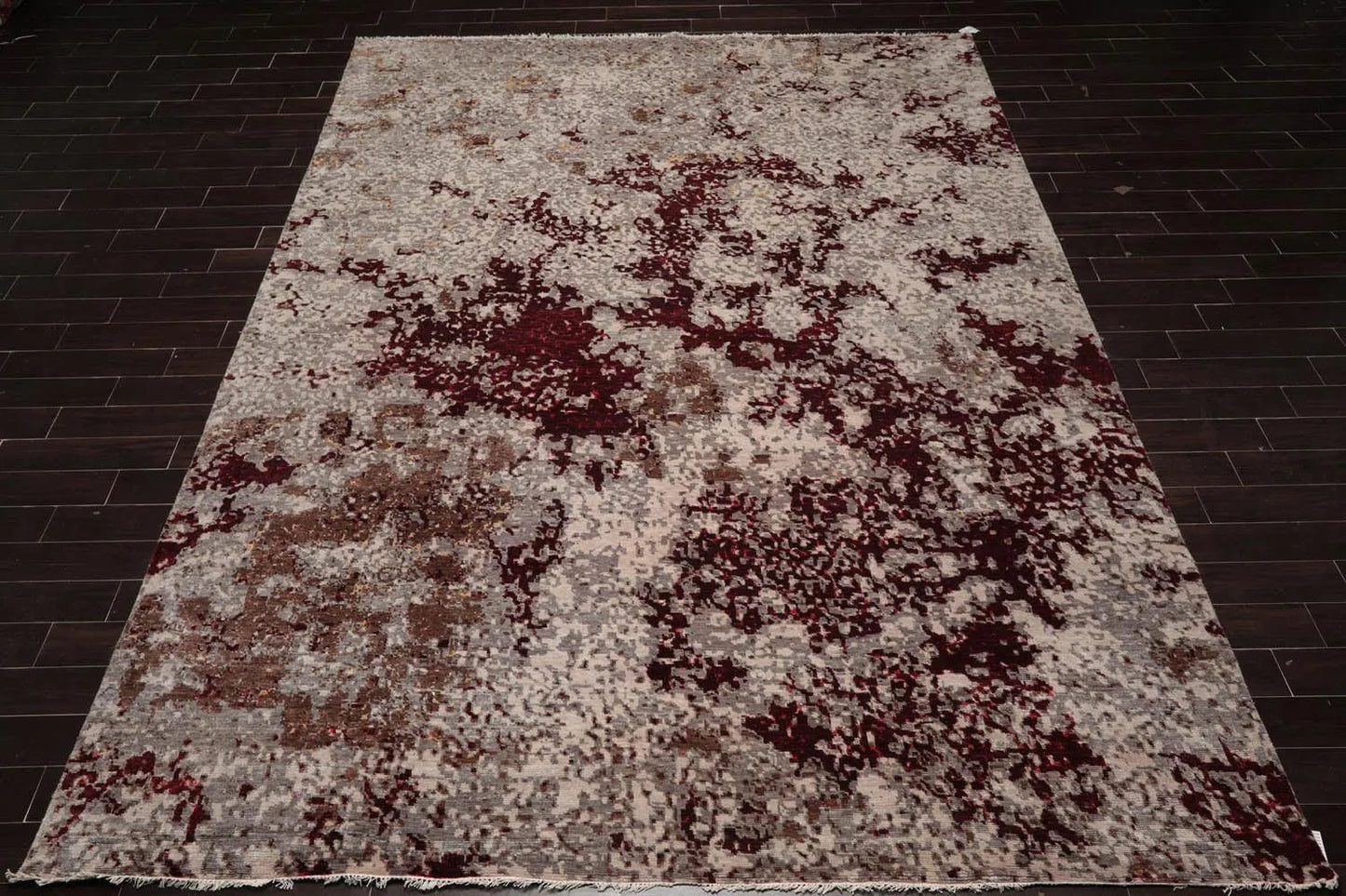 10' x 14' Hand Knotted Wool & Silk Modern Tibetan Oriental Area Rug Gray, Wine-1