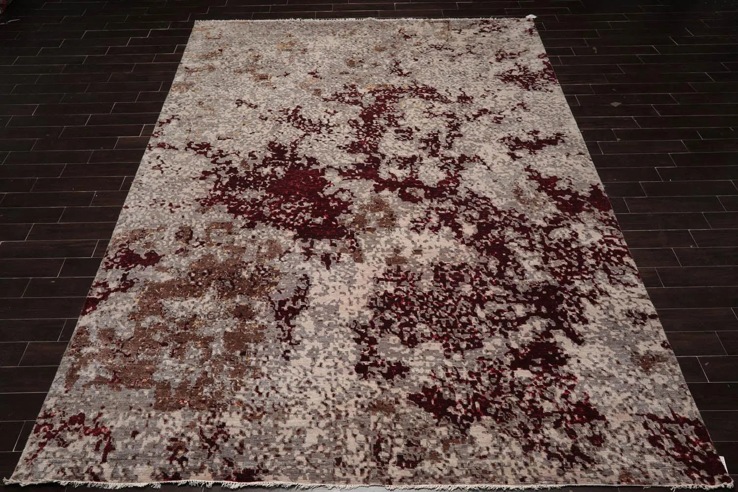 10' x 14' Hand Knotted Wool & Silk Modern Tibetan Oriental Area Rug Gray, Wine-1