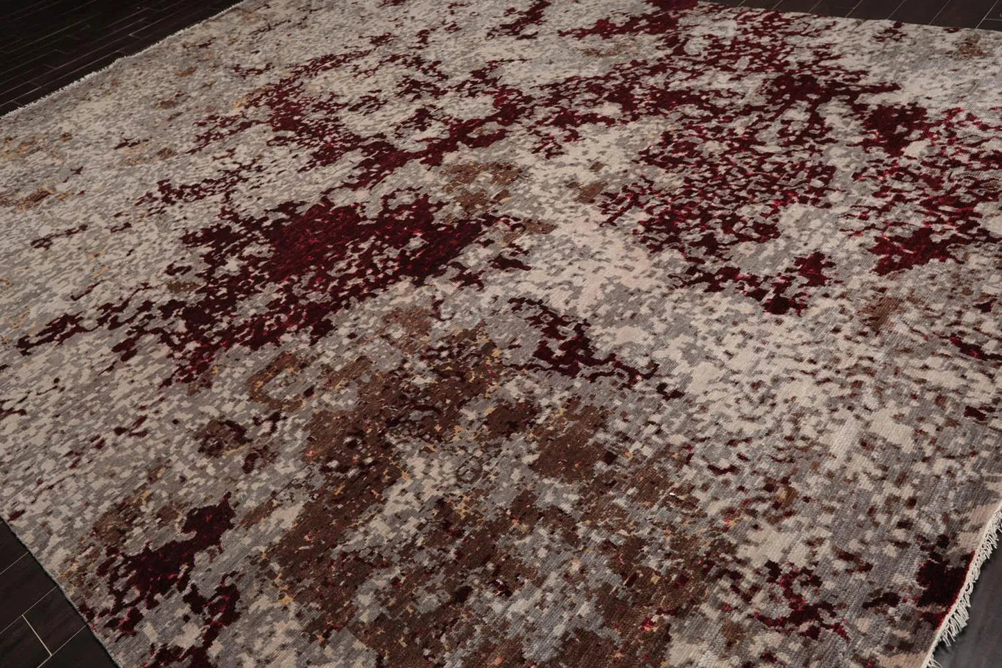10' x 14' Hand Knotted Wool & Silk Modern Tibetan Oriental Area Rug Gray, Wine-2