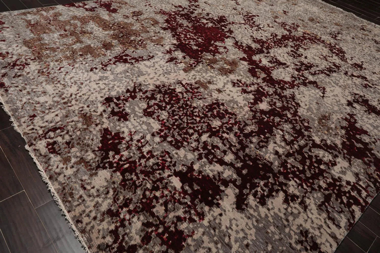 10' x 14' Hand Knotted Wool & Silk Modern Tibetan Oriental Area Rug Gray, Wine-3