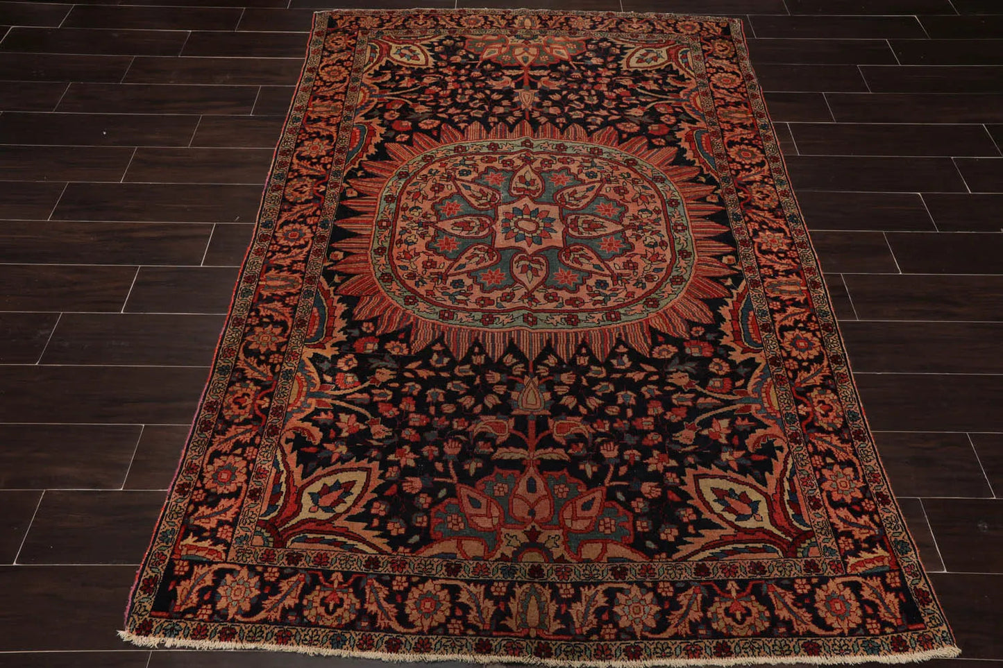 4' 11''x6' 9'' Hand Knotted 100% Wool Antique  Traditional Oriental Area Rug Midnight Blue, Rose Color-2