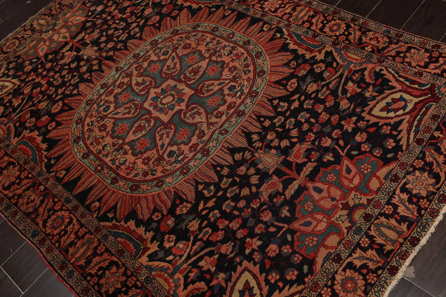 4' 11''x6' 9'' Hand Knotted 100% Wool Antique  Traditional Oriental Area Rug Midnight Blue, Rose Color-3