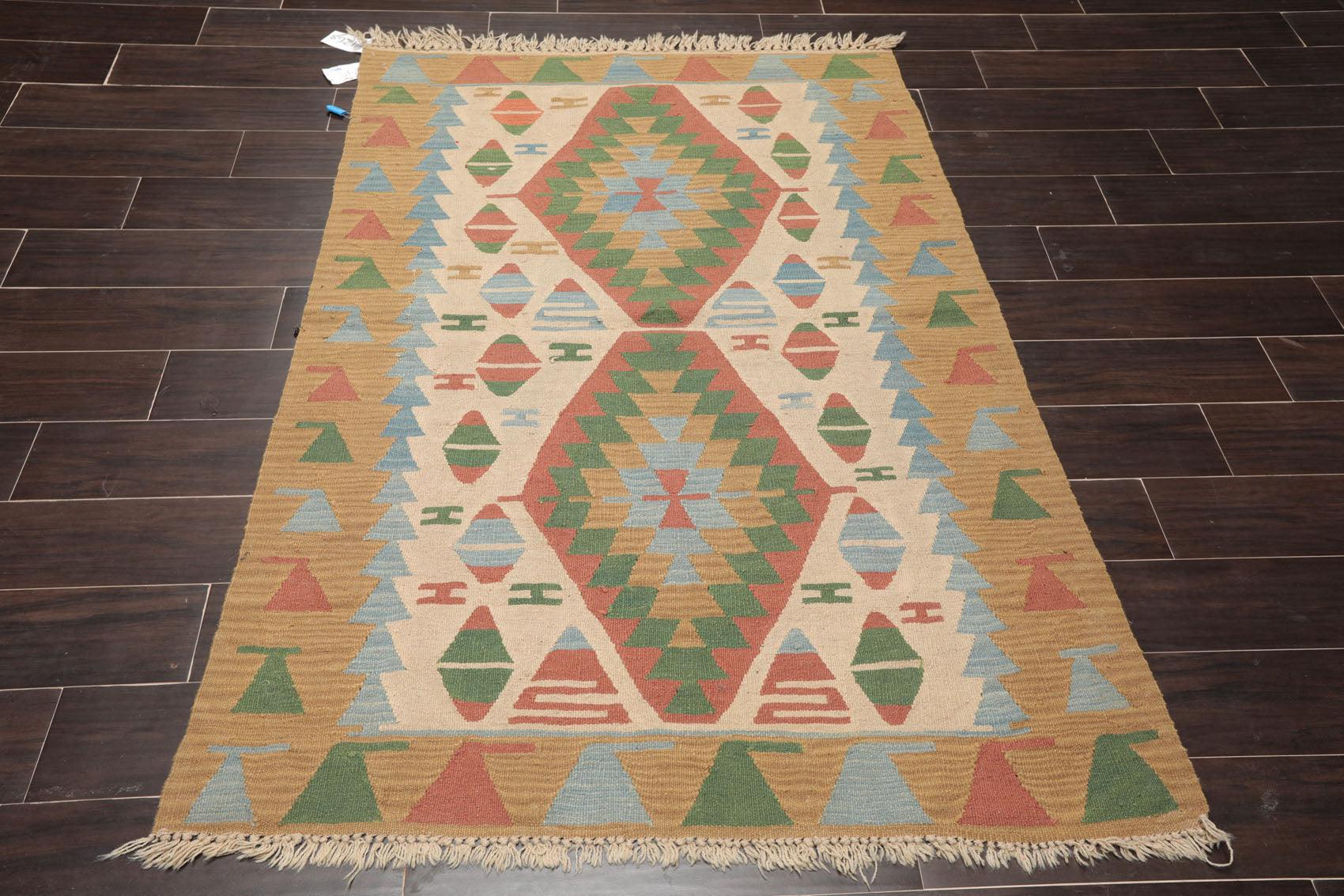 3'9" x 5'2" Hand Woven 100% Wool Southwestern Turkish Kilim Area Rug Beige-1
