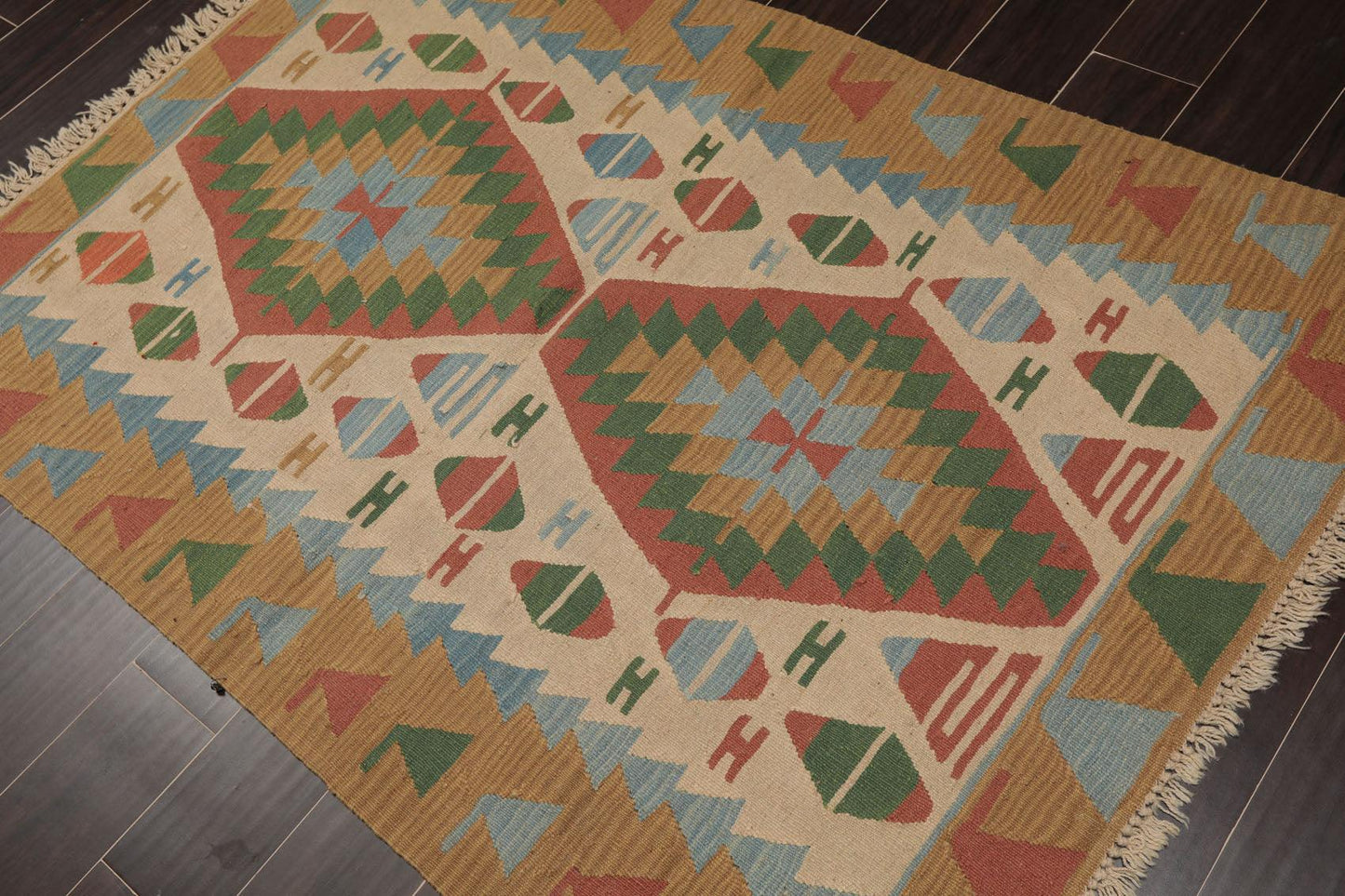 3'9" x 5'2" Hand Woven 100% Wool Southwestern Turkish Kilim Area Rug Beige-2