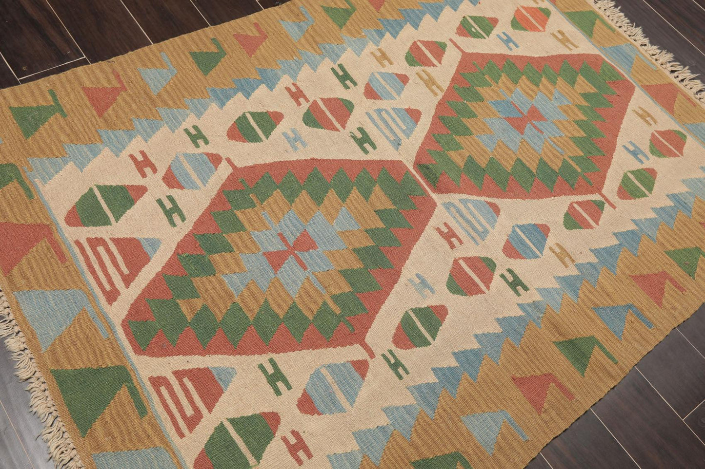 3'9" x 5'2" Hand Woven 100% Wool Southwestern Turkish Kilim Area Rug Beige-3