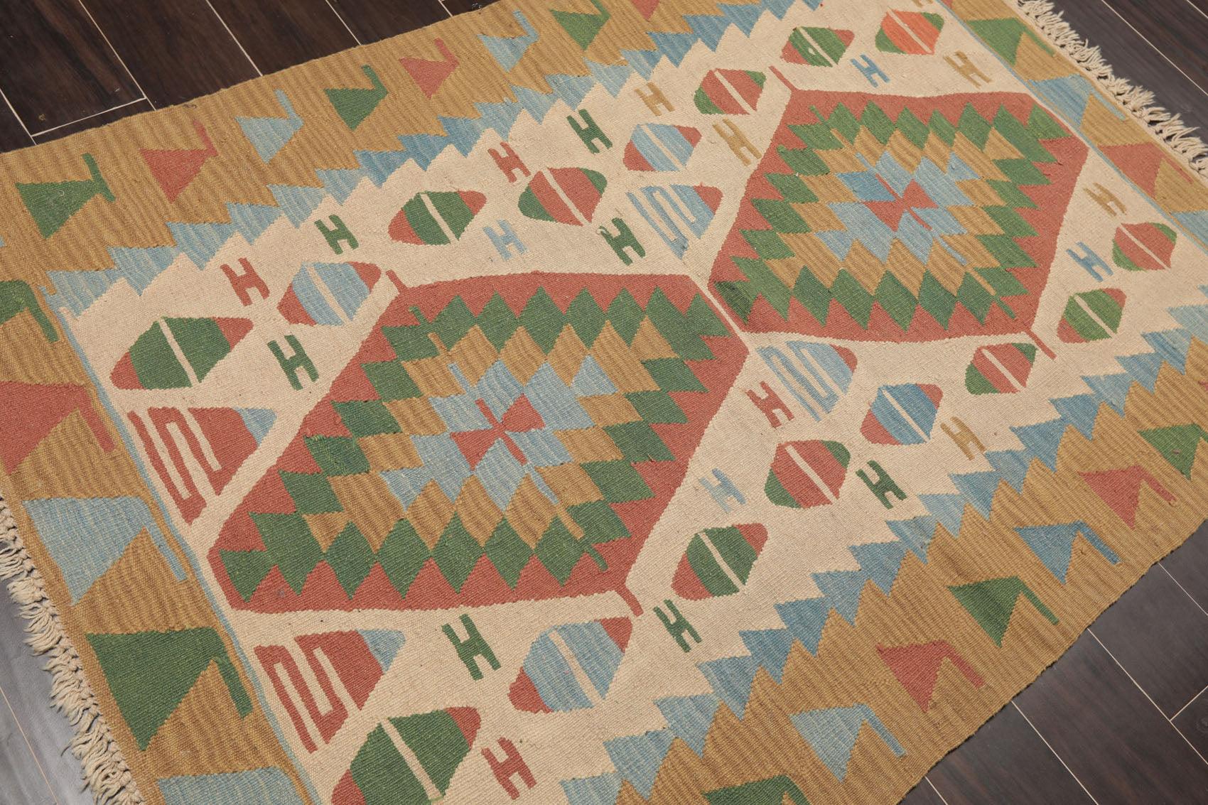 3'9" x 5'2" Hand Woven 100% Wool Southwestern Turkish Kilim Area Rug Beige-3