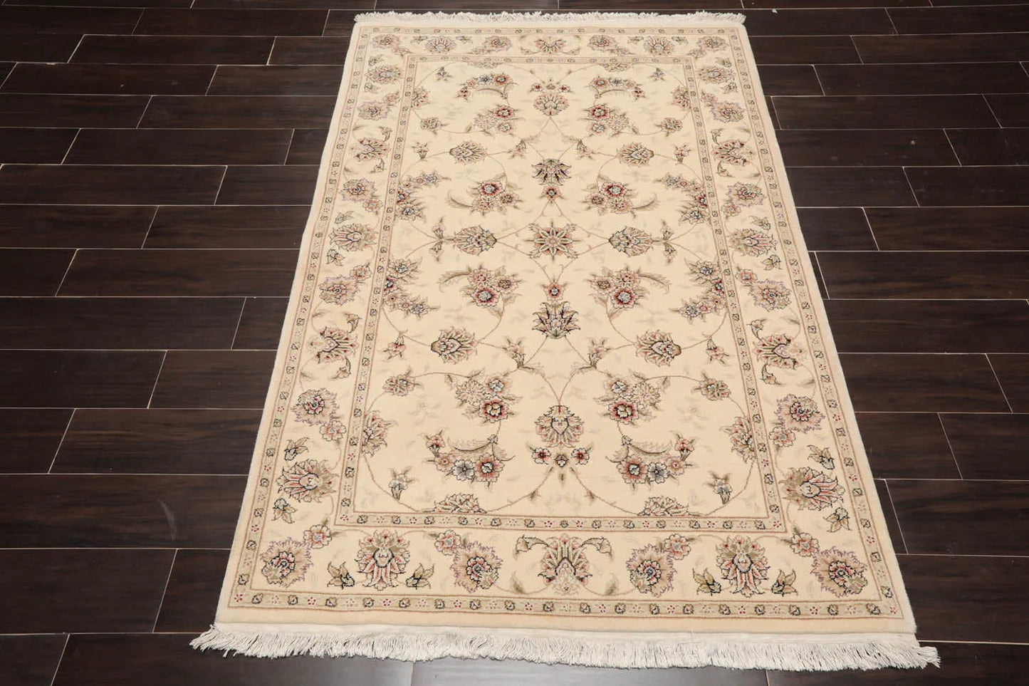 4'x6'Ivory, Brown Hand Knotted Sino Persian Wool and Silk Sino Persian Traditional 300 KPSI Oriental Area Rug-2