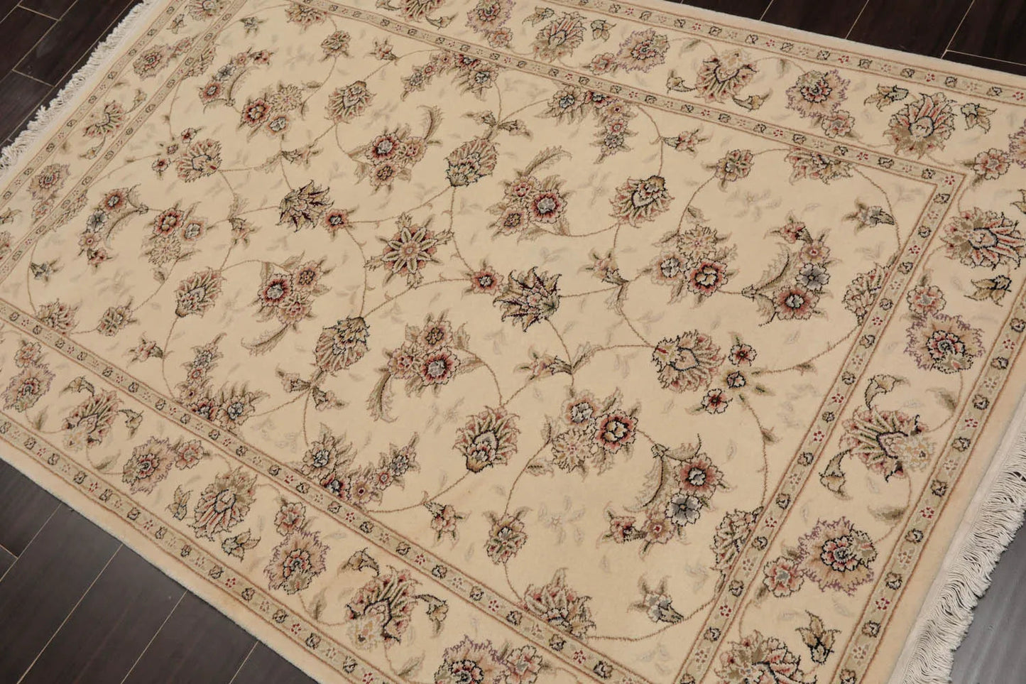 4'x6'Ivory, Brown Hand Knotted Sino Persian Wool and Silk Sino Persian Traditional 300 KPSI Oriental Area Rug-3