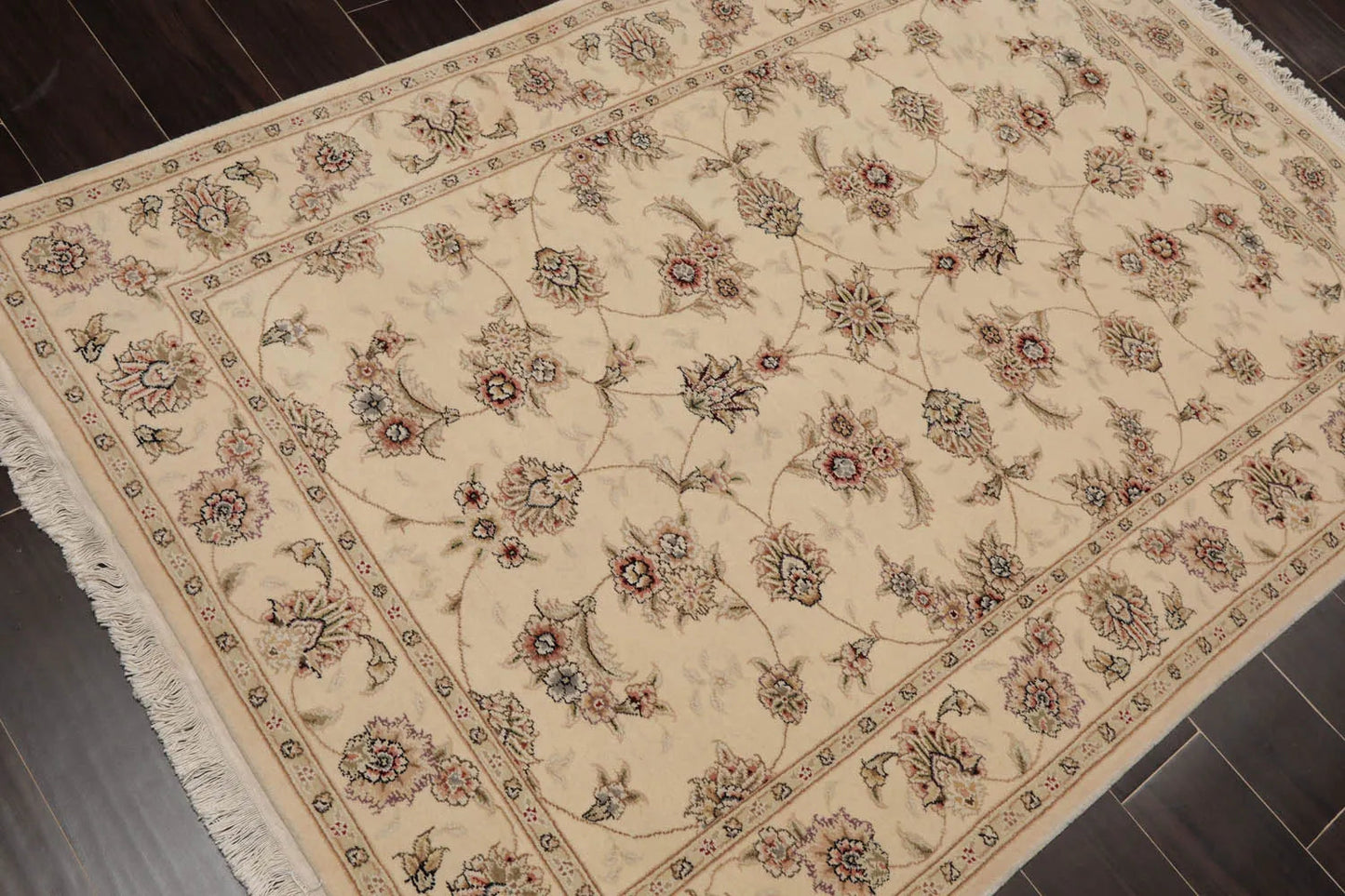 4'x6'Ivory, Brown Hand Knotted Sino Persian Wool and Silk Sino Persian Traditional 300 KPSI Oriental Area Rug-4
