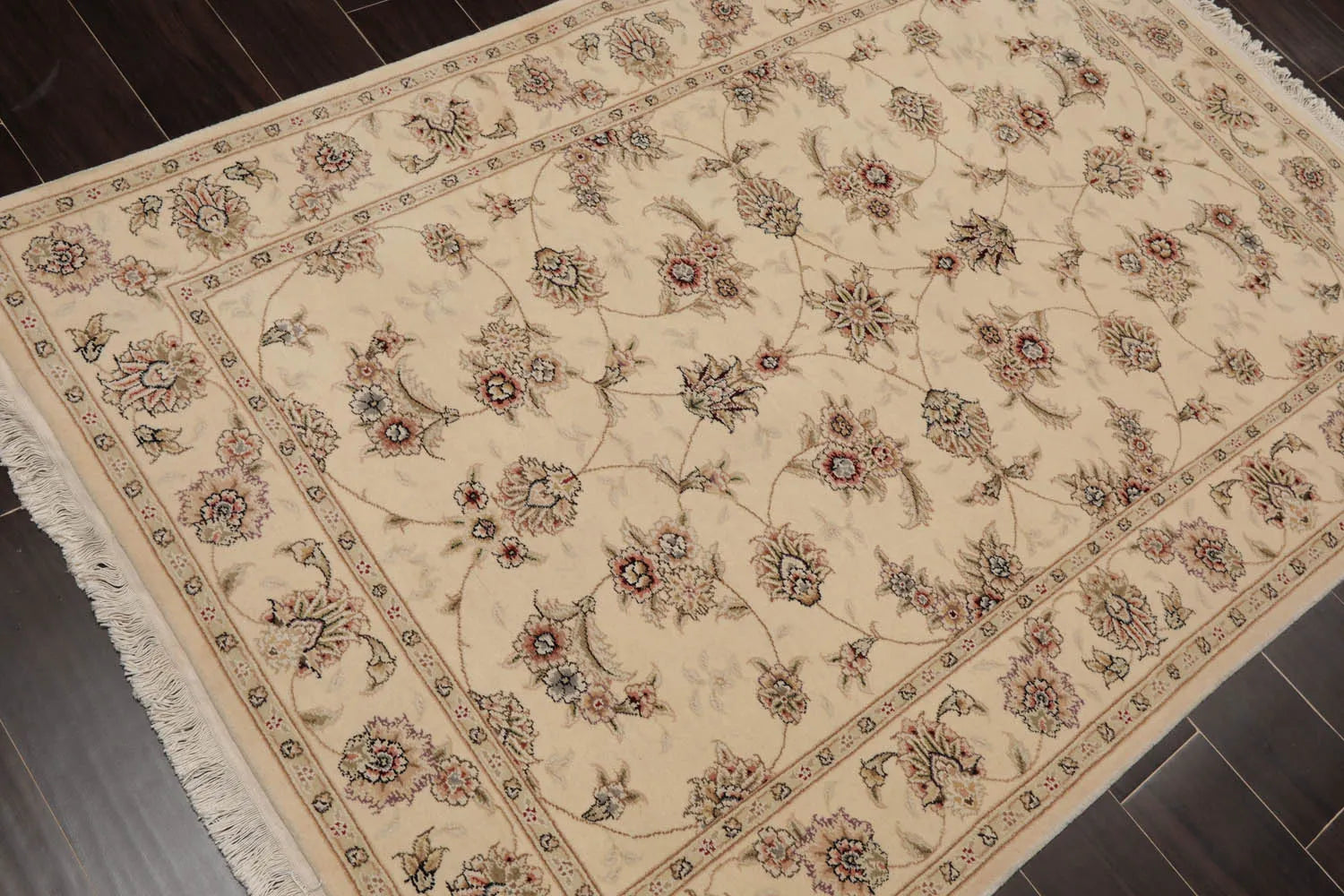 4'x6'Ivory, Brown Hand Knotted Sino Persian Wool and Silk Sino Persian Traditional 300 KPSI Oriental Area Rug-4